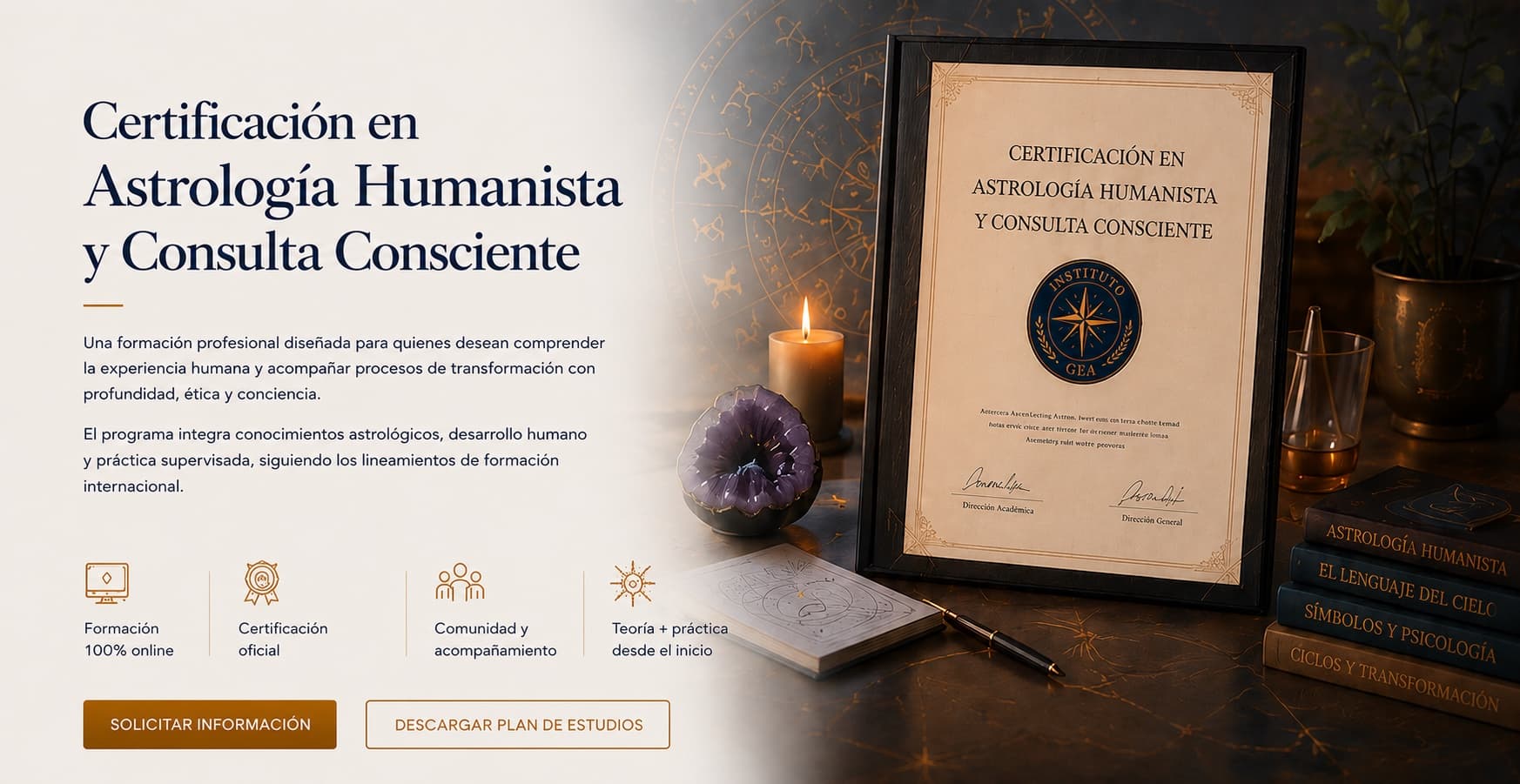 Certificación en Astrología Humanista y Consulta Consciente: diploma enmarcado del Instituto GEA junto a velas, cristales y libros de astrología.