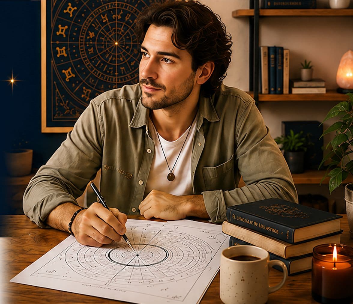 Estudiante de astrología trazando una carta natal en su estudio