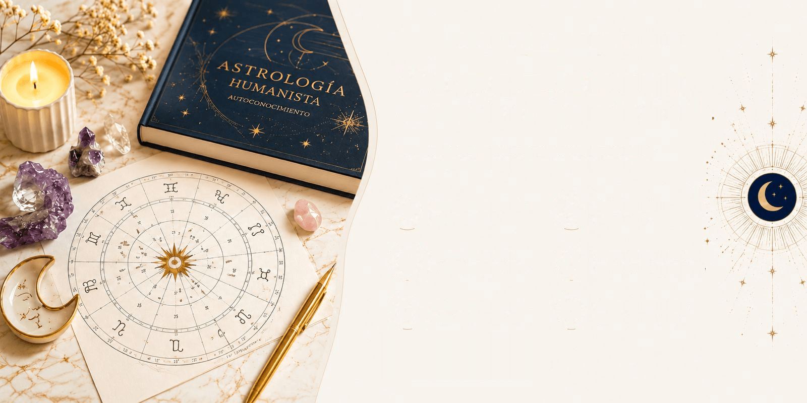 Libro de Astrología Humanista, carta natal y cristales sobre mesa