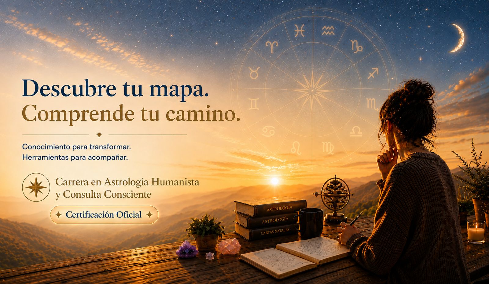Descubre tu mapa. Comprende tu camino — Carrera en Astrología Humanista y Consulta Consciente.